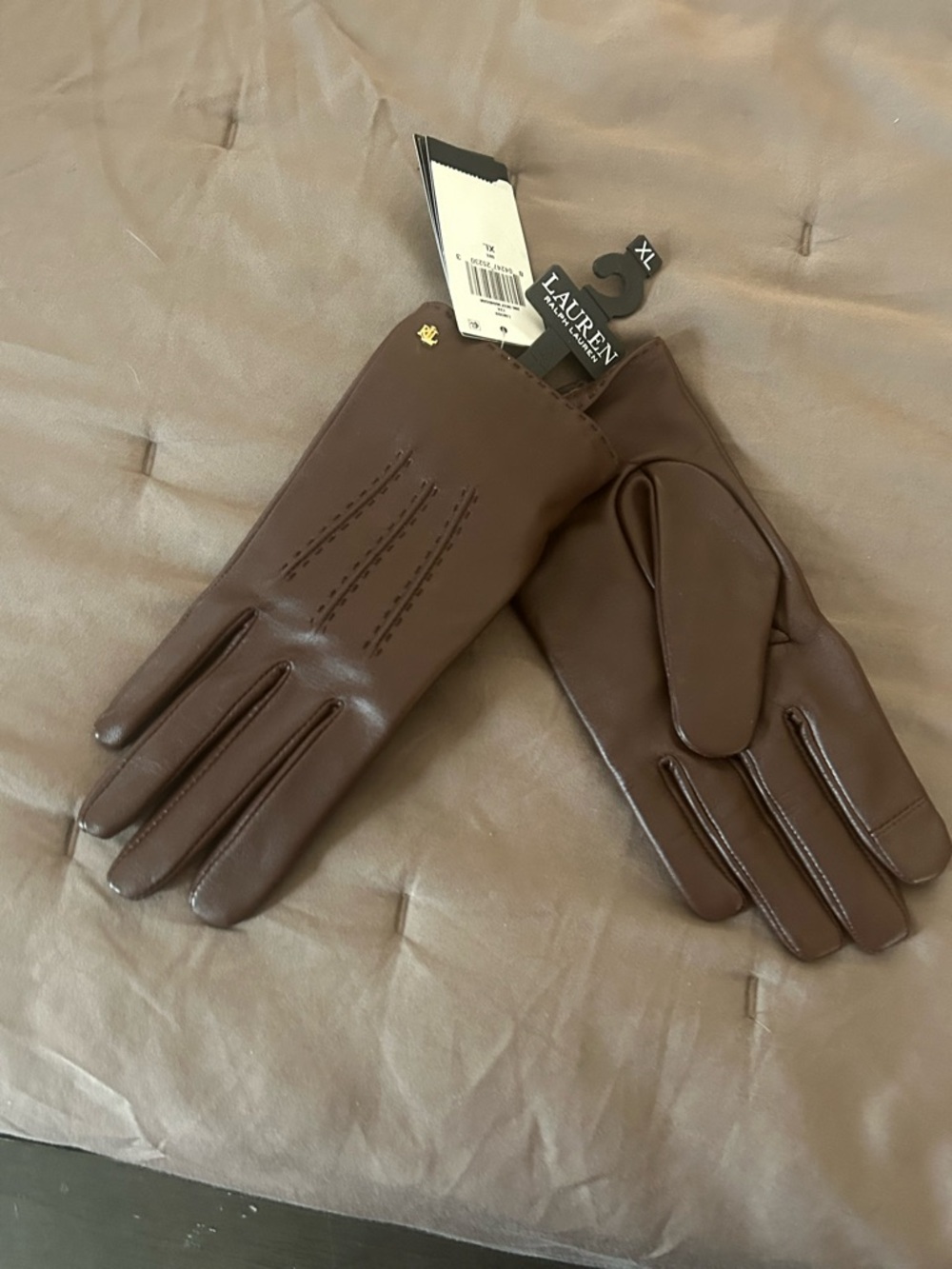 Lauren Ralph Lauren Brown Leather Women's Gloves with Stitch Detail